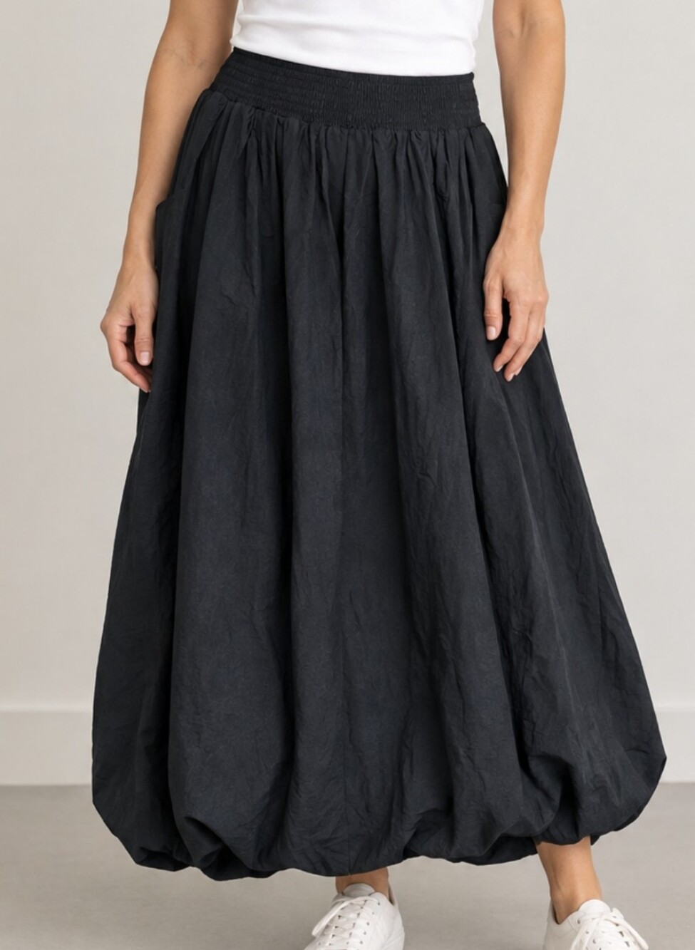 Black Balloon-Hem Bubble Midi Skirt Cotton Size Medium